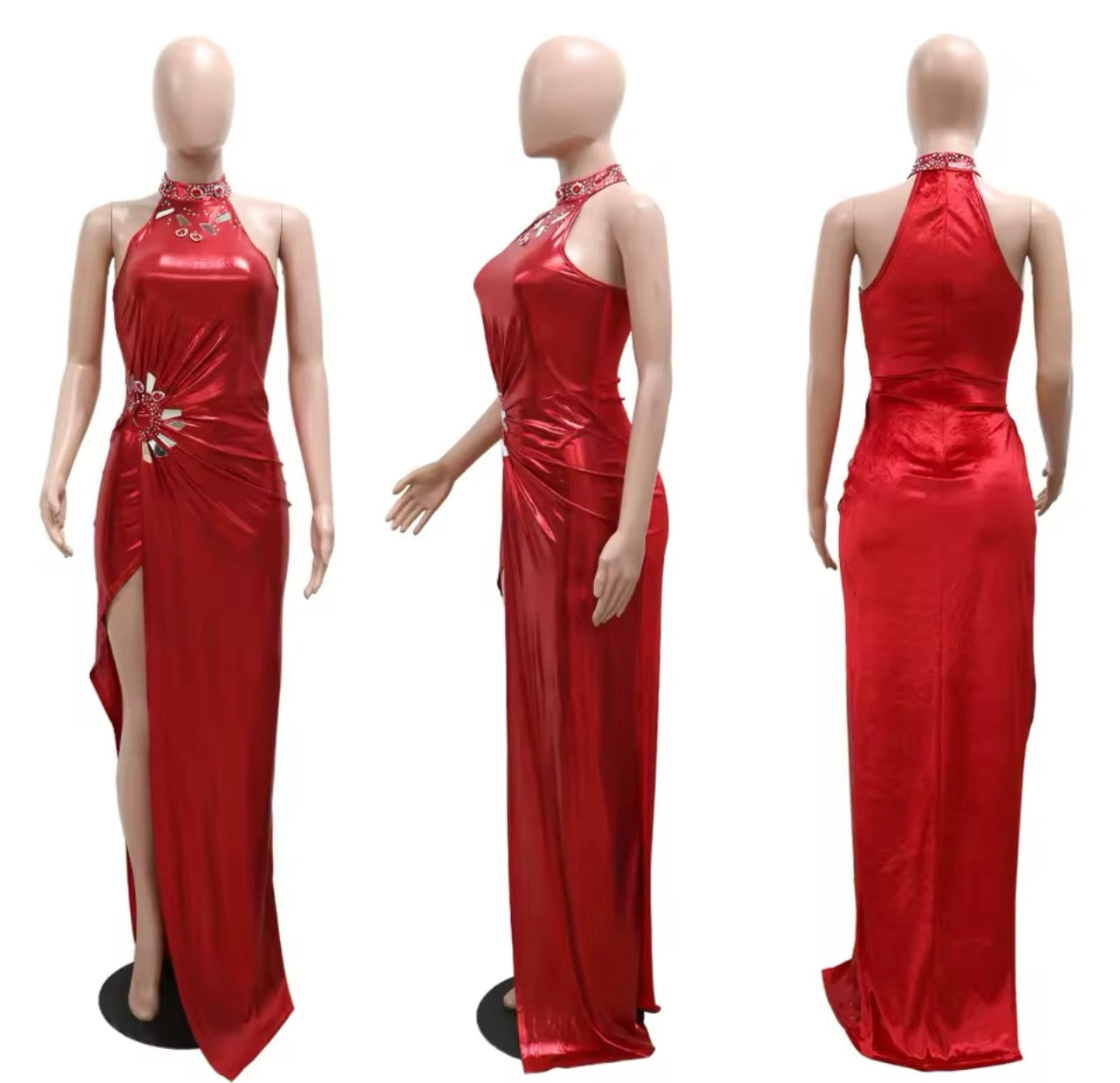 Sleeveless High Neck Elegant Long Party Dresses for Women Diamonds Sequined Side High Split Sexy Evening Club Dress