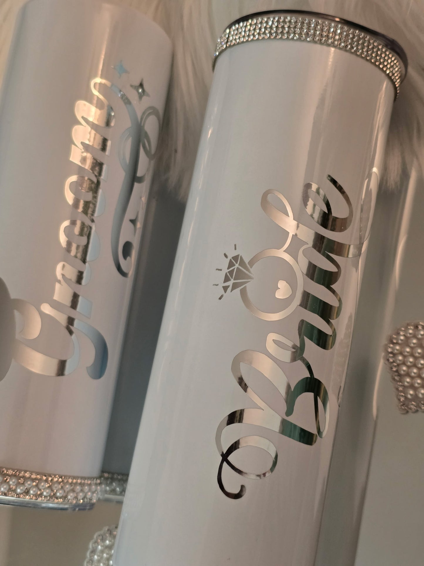 Rhinestones Personalized thermal tumblers.