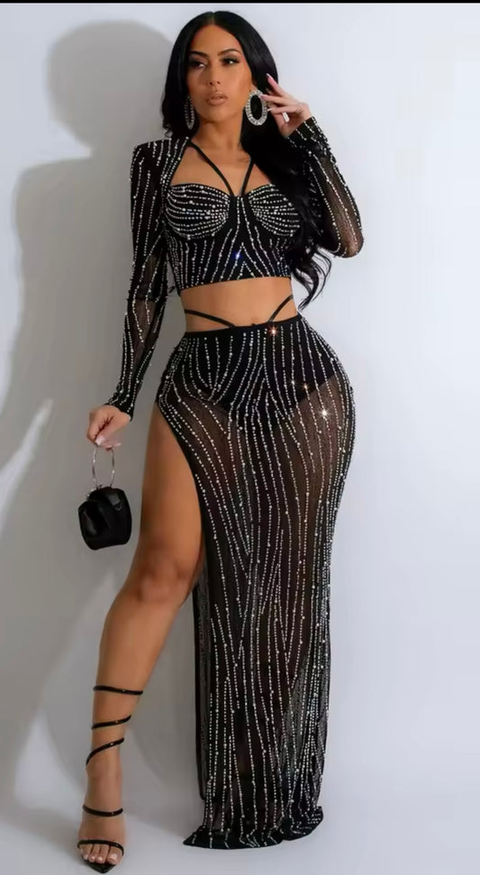 Luxury Diamonds Rhinestones Mesh Patchwork Tops and High Side Split Maxi Skirts 2 Piece Sets Women Club Outfits