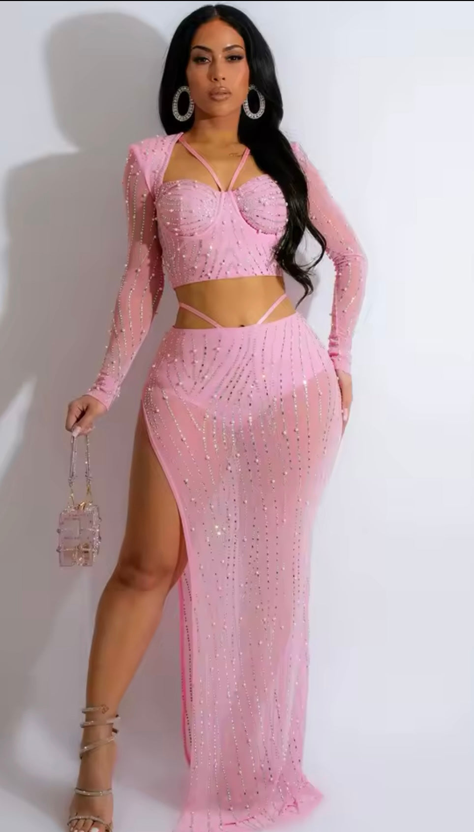 Luxury Diamonds Rhinestones Mesh Patchwork Tops and High Side Split Maxi Skirts 2 Piece Sets Women Club Outfits