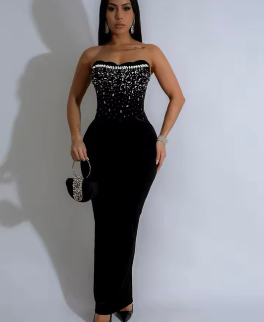 Diamonds Rhinestones Strapless Velvet Long Dress – Elegant Evening & Birthday Party Maxi Gown