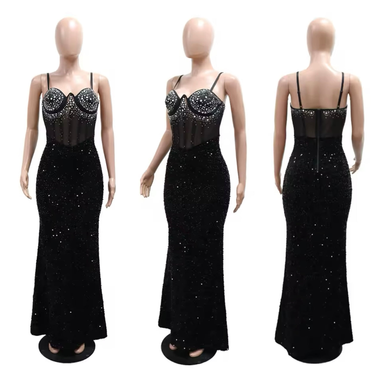 LUXURY Women Spaghetti Strap Mesh Patchwork Diamonds Long Sexy Sequins Party Dress Bodycon Slim Maxi Night Club Dress