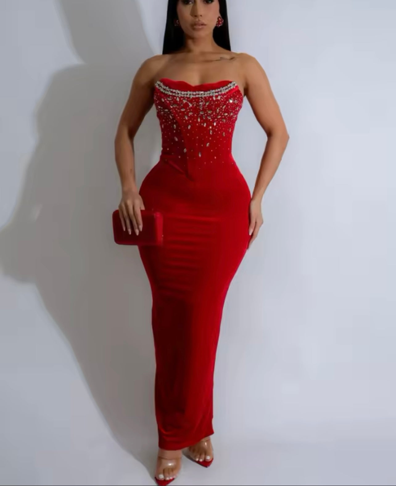 Diamonds Rhinestones Sexy Strapless Women Velvet Long Dress for Birthday Party Night Evening Prom Maxi Dresses