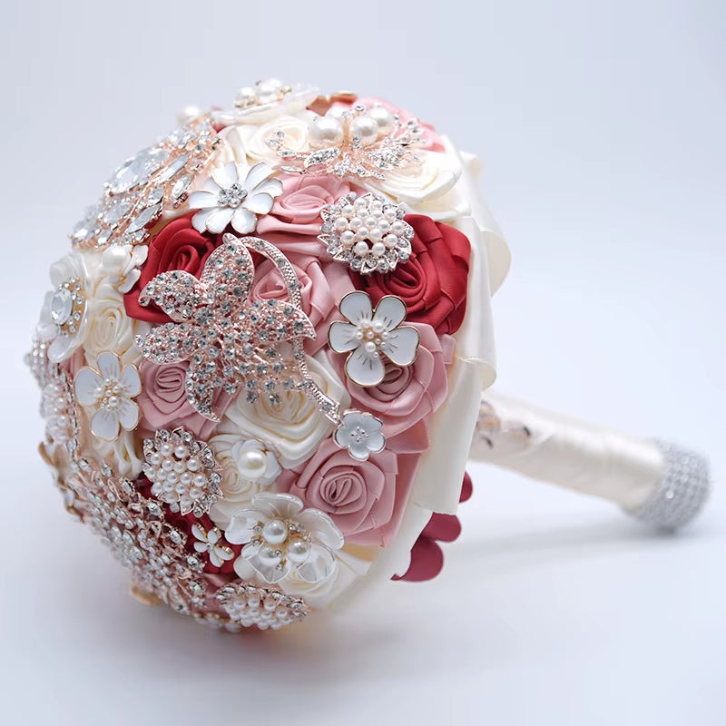 Wedding Flowers Rhinestone Jewelry Blush Pink Brooch Bouquet Gold Broach Bridal Wedding Dress Wedding Bouquet FE93